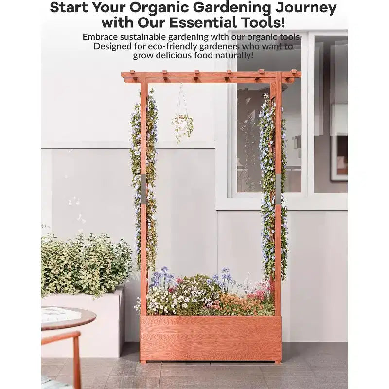 Jardinière surélevée en bois avec treillis, supports latéraux robustes, auvent de protection et 4 trous de drainage pour plantes grimpantes et légumes
