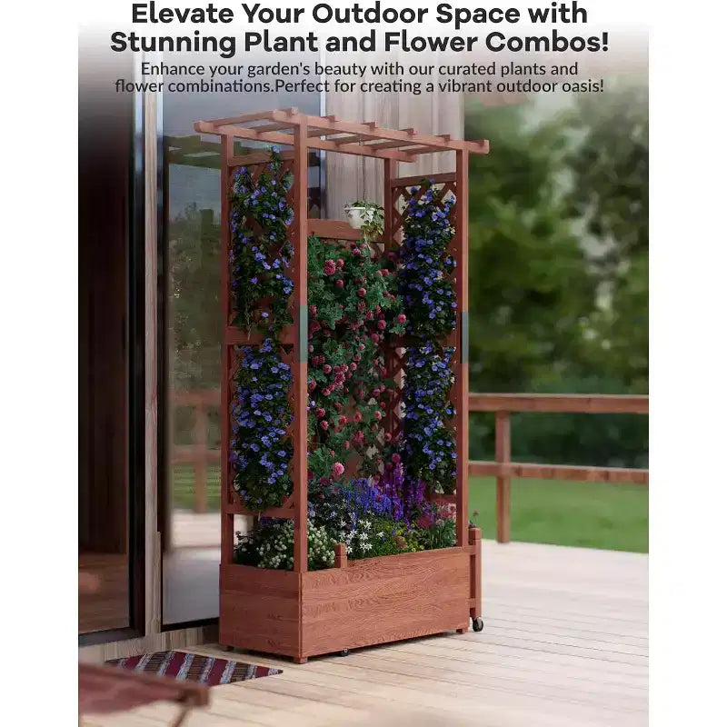 Jardinière surélevée en bois avec treillis, supports latéraux robustes, auvent de protection et 4 trous de drainage pour plantes grimpantes et légumes
