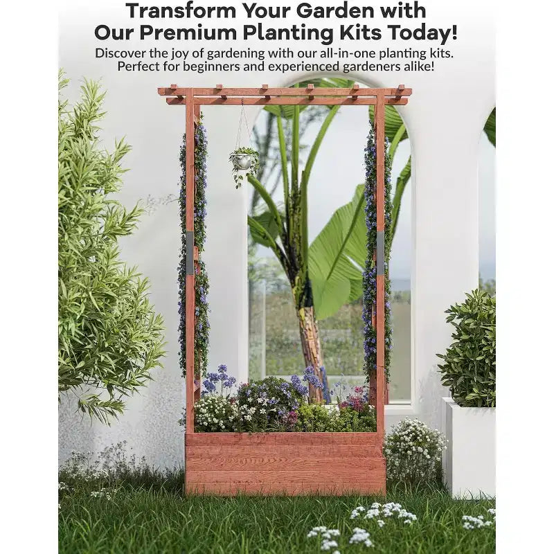 Jardinière surélevée en bois avec treillis, supports latéraux robustes, auvent de protection et 4 trous de drainage pour plantes grimpantes et légumes