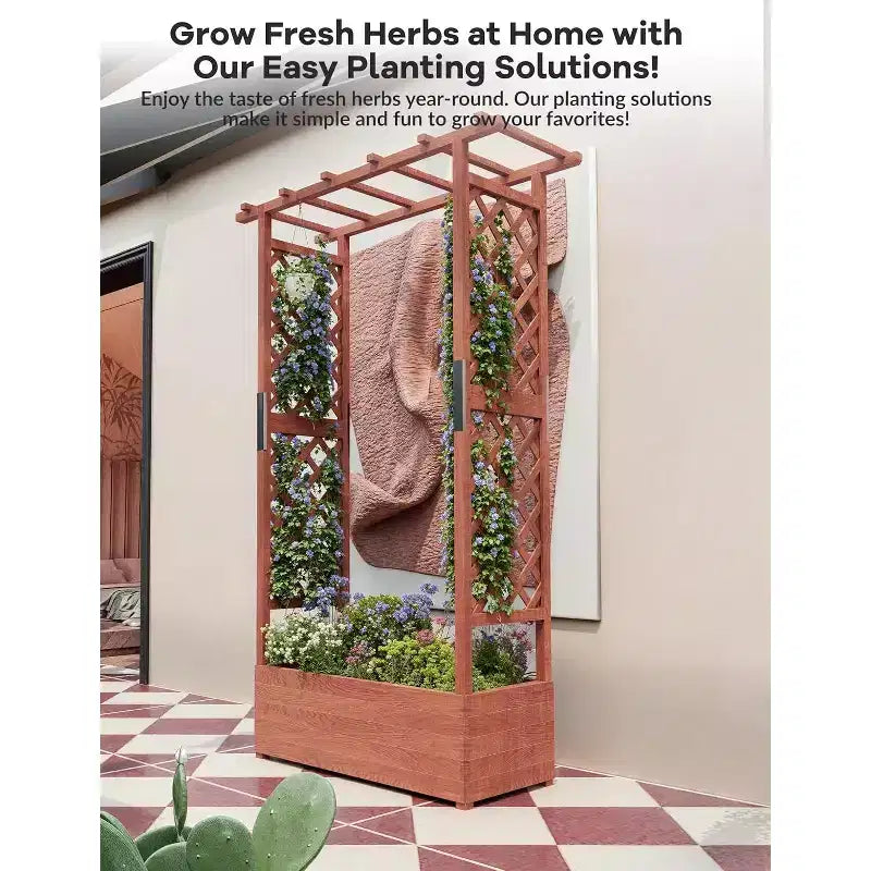 Jardinière surélevée en bois avec treillis, supports latéraux robustes, auvent de protection et 4 trous de drainage pour plantes grimpantes et légumes