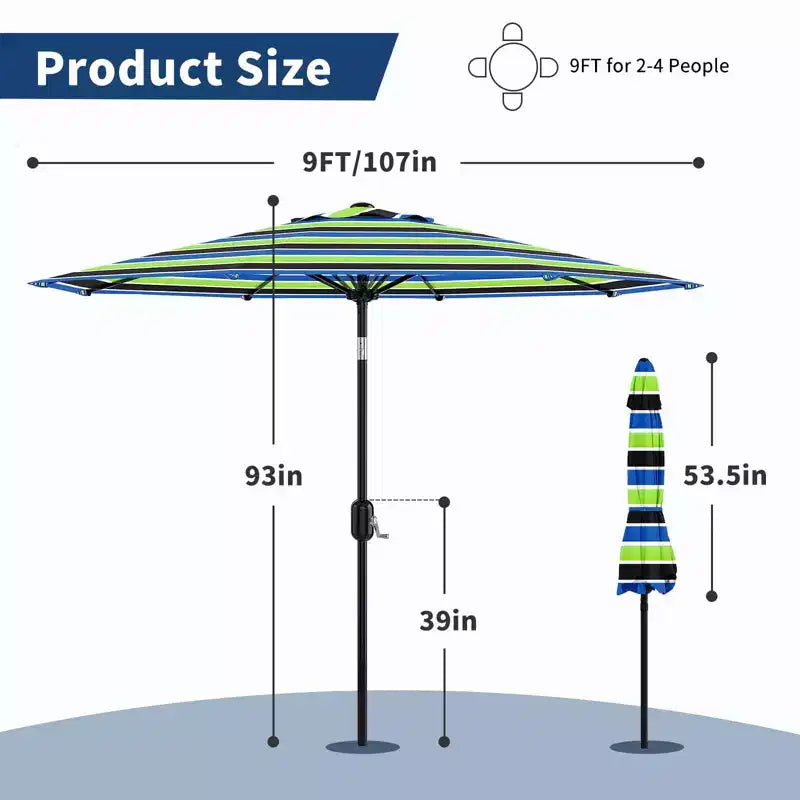 Parasol de terrasse de 2,74 m - Parasol de table d'extérieur avec 8 baleines robustes, manivelle et bouton d'inclinaison - Parasol droit pour piscine, terrasse, cour, jardin