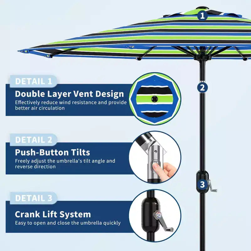 Parasol de terrasse de 2,74 m - Parasol de table d'extérieur avec 8 baleines robustes, manivelle et bouton d'inclinaison - Parasol droit pour piscine, terrasse, cour, jardin
