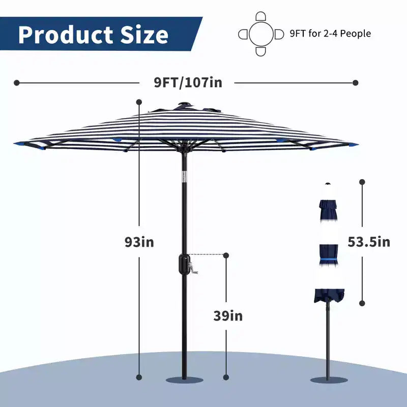 Parasol de terrasse de 2,74 m - Parasol de table d'extérieur avec 8 baleines robustes, manivelle et bouton d'inclinaison - Parasol droit pour piscine, terrasse, cour, jardin