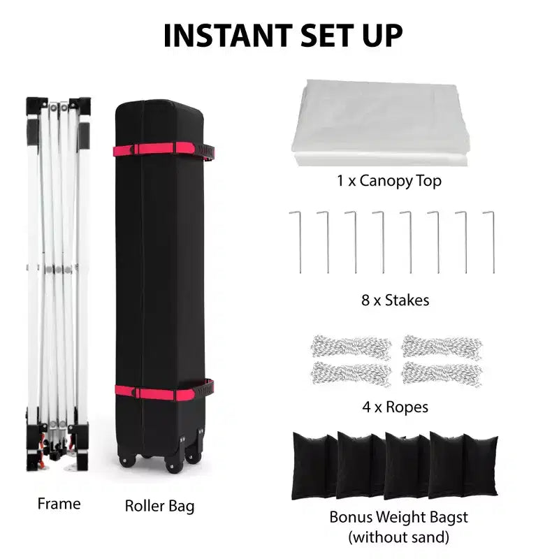 Tente escamotable 3x3m, abri d'extérieur portable instantané avec sac à roulettes 4 sacs de poids, auvent blanc imperméable robuste pour les fêtes de plage