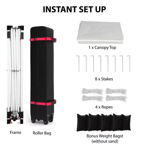 Tente escamotable 3x3m, abri d'extérieur portable instantané avec sac à roulettes 4 sacs de poids, auvent blanc imperméable robuste pour les fêtes de plage