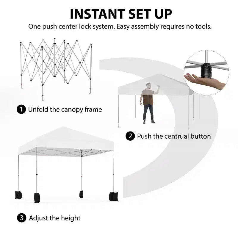 Tente escamotable 3x3m, abri d'extérieur portable instantané avec sac à roulettes 4 sacs de poids, auvent blanc imperméable robuste pour les fêtes de plage