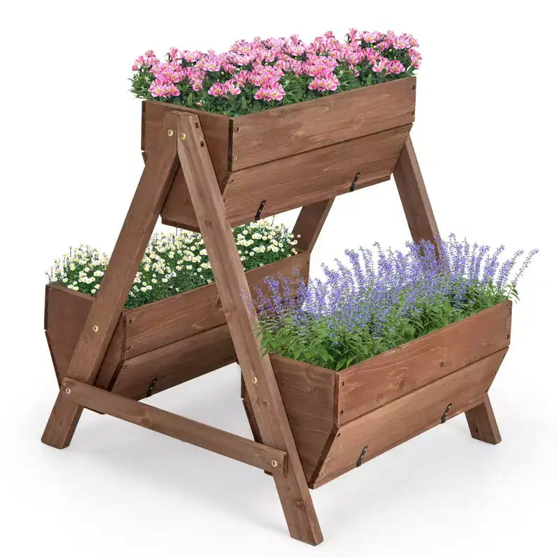 Costway Vertical Raised Garden bed Wood Tiered Stand w/ 3 Planter Containers Drainage Holes for Herbs Growing 21 x 8 x 8.5/40 x 10 x 8.5