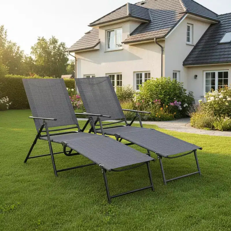 Lot de 2 chaises longues de jardin pliantes avec dossiers réglables sur 6 positions - Beige/Gris