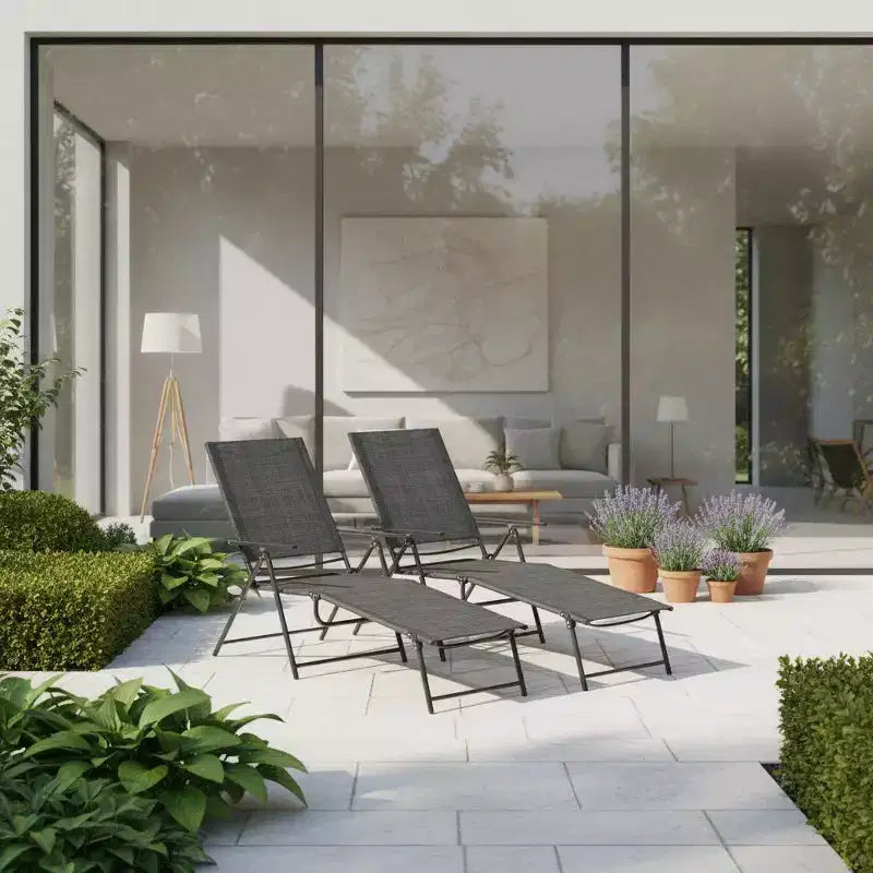Lot de 2 chaises longues de jardin pliantes avec dossiers réglables sur 6 positions - Beige/Gris