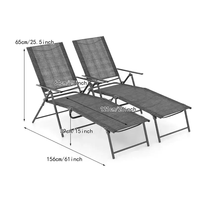 Lot de 2 chaises longues de jardin pliantes avec dossiers réglables sur 6 positions - Beige/Gris