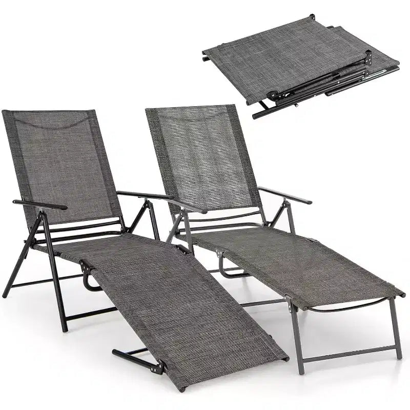 Lot de 2 chaises longues de jardin pliantes avec dossiers réglables sur 6 positions - Beige/Gris
