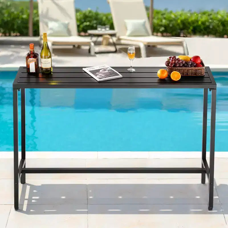 Table de bar d'extérieur, table de bar de patio de 140 x 38 cm, plateau étanche et cadre métallique robuste, tables à manger rectangulaires hauteur comptoir, noir
