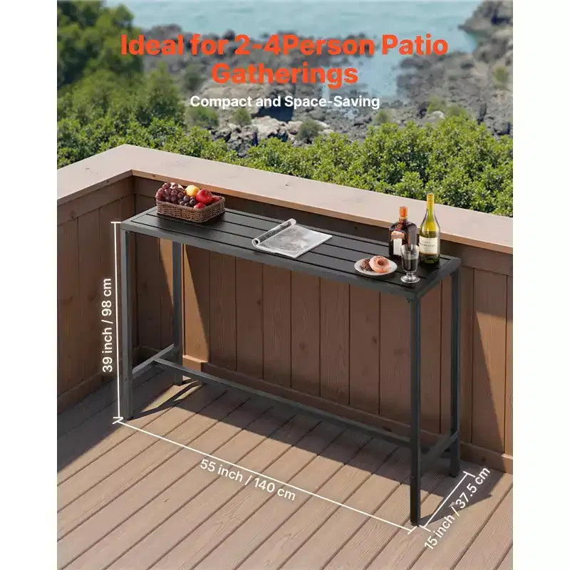 Table de bar d'extérieur, table de bar de patio de 140 x 38 cm, plateau étanche et cadre métallique robuste, tables à manger rectangulaires hauteur comptoir, noir