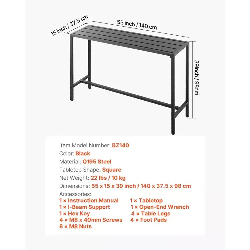 Table de bar d'extérieur, table de bar de patio de 140 x 38 cm, plateau étanche et cadre métallique robuste, tables à manger rectangulaires hauteur comptoir, noir