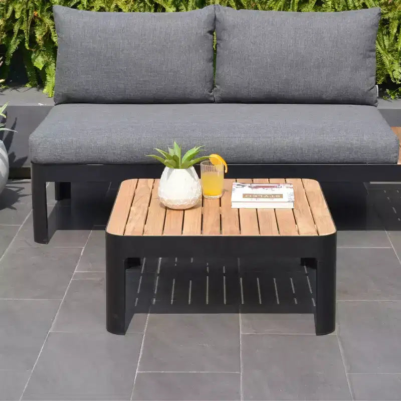 Table basse de patio en bois de teck 100 % FSC et aluminium noir