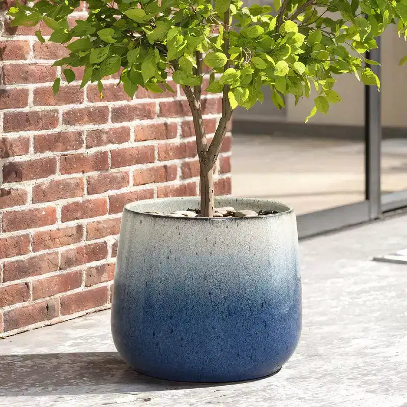 LuxenHome 11.6 Dia Glazed Blue Round Ceramic Planter Pot, Modern Indoor Outdoor Flower Pot with Drainage