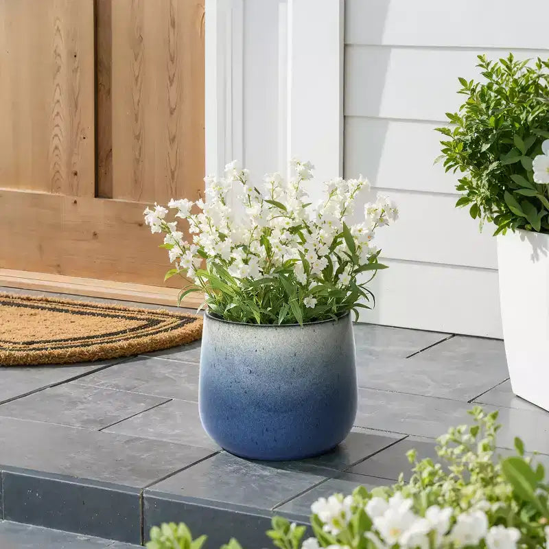 Pot de fleurs rond en céramique émaillée bleu de 11,6 de diamètre, pot de fleurs moderne intérieur/extérieur avec drainage