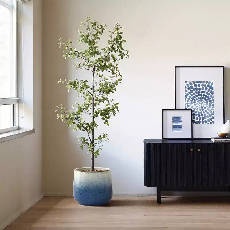 Pot de fleurs rond en céramique émaillée bleu de 11,6 de diamètre, pot de fleurs moderne intérieur/extérieur avec drainage