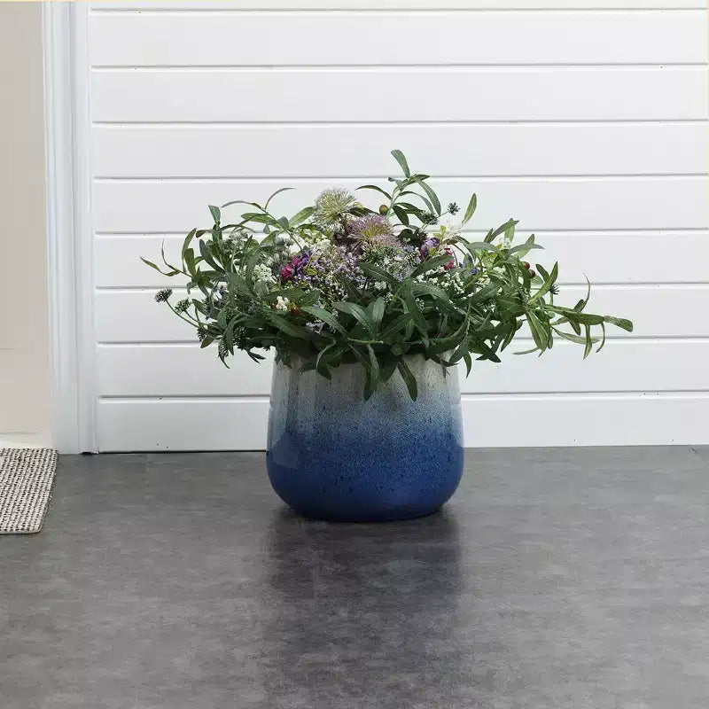 Pot de fleurs rond en céramique émaillée bleu de 11,6 de diamètre, pot de fleurs moderne intérieur/extérieur avec drainage