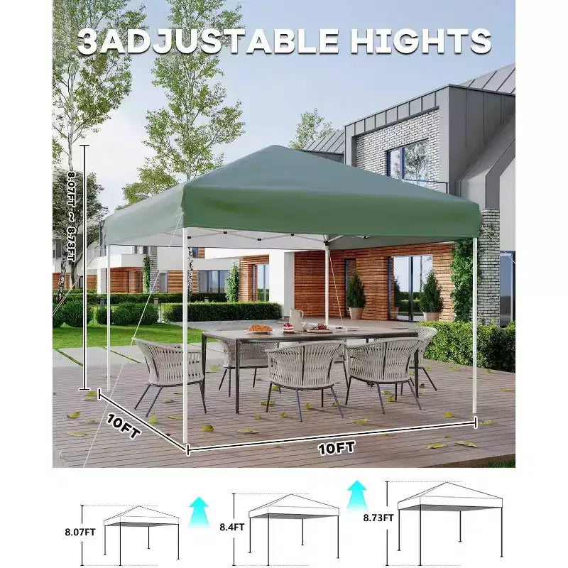 Tente tonnelle escamotable 10x10 - Montage facile à une poussée, 3 hauteurs réglables, 4 sacs de sable, sac de transport, abri solaire extérieur pour camping, fêtes, événements