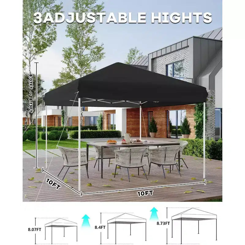 Tente tonnelle escamotable 10x10 - Montage facile à une poussée, 3 hauteurs réglables, 4 sacs de sable, sac de transport, abri solaire extérieur pour camping, fêtes, événements
