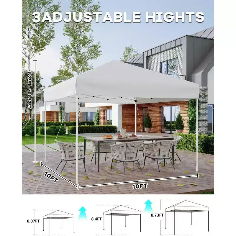 Tente tonnelle escamotable 10x10 - Montage facile à une poussée, 3 hauteurs réglables, 4 sacs de sable, sac de transport, abri solaire extérieur pour camping, fêtes, événements
