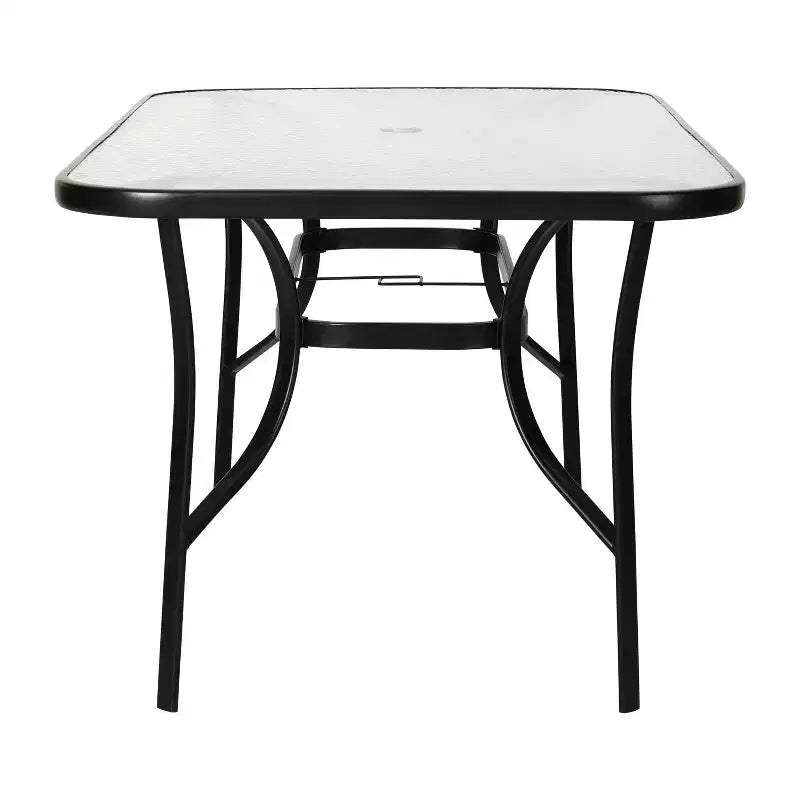 Table de patio de qualité commerciale avec dessus en verre trempé avec trou pour parasol et cadre en tube d'acier