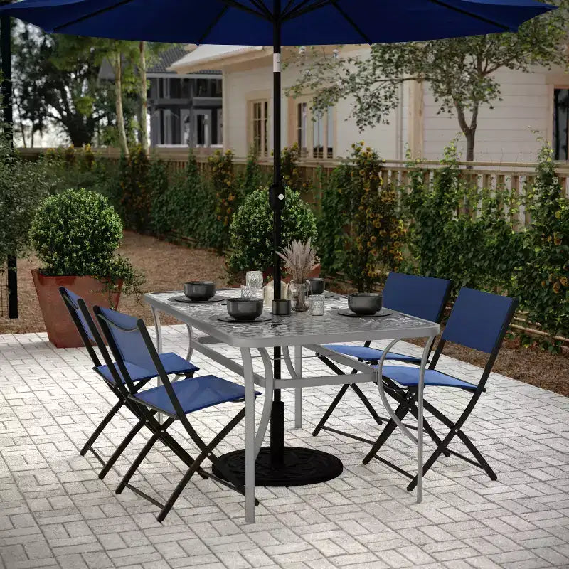 Table de patio de qualité commerciale avec dessus en verre trempé avec trou pour parasol et cadre en tube d'acier