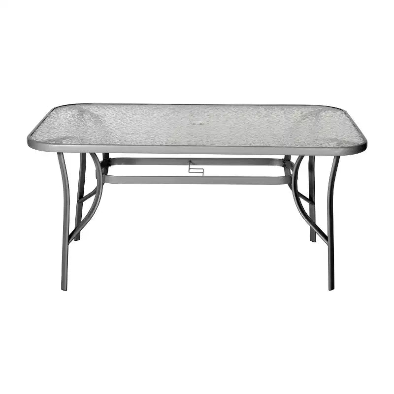 Table de patio de qualité commerciale avec dessus en verre trempé avec trou pour parasol et cadre en tube d'acier