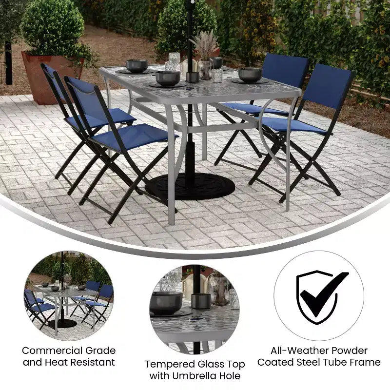Table de patio de qualité commerciale avec dessus en verre trempé avec trou pour parasol et cadre en tube d'acier