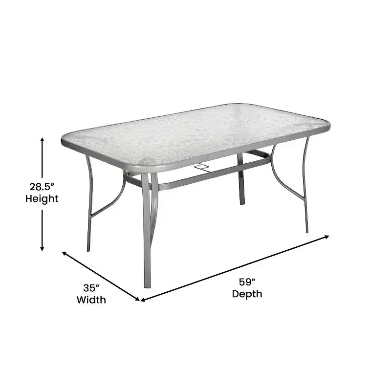Table de patio de qualité commerciale avec dessus en verre trempé avec trou pour parasol et cadre en tube d'acier