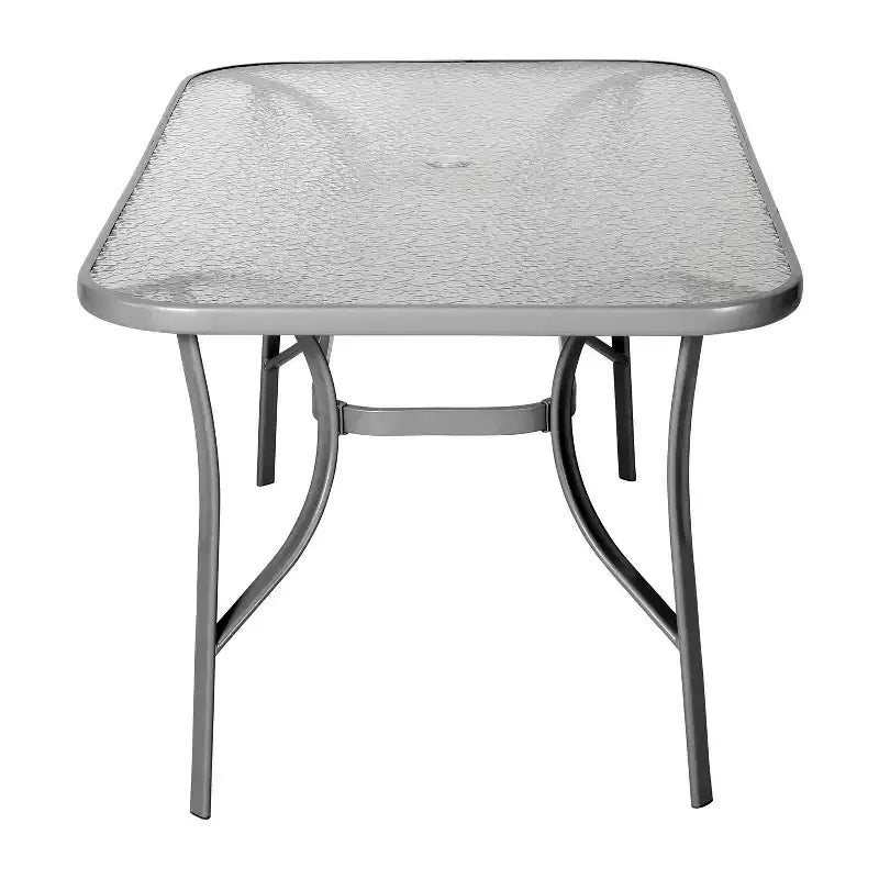Table de patio de qualité commerciale avec dessus en verre trempé avec trou pour parasol et cadre en tube d'acier
