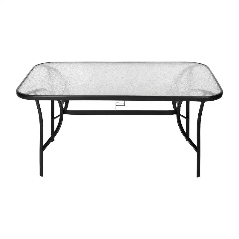 Table de patio de qualité commerciale avec dessus en verre trempé avec trou pour parasol et cadre en tube d'acier
