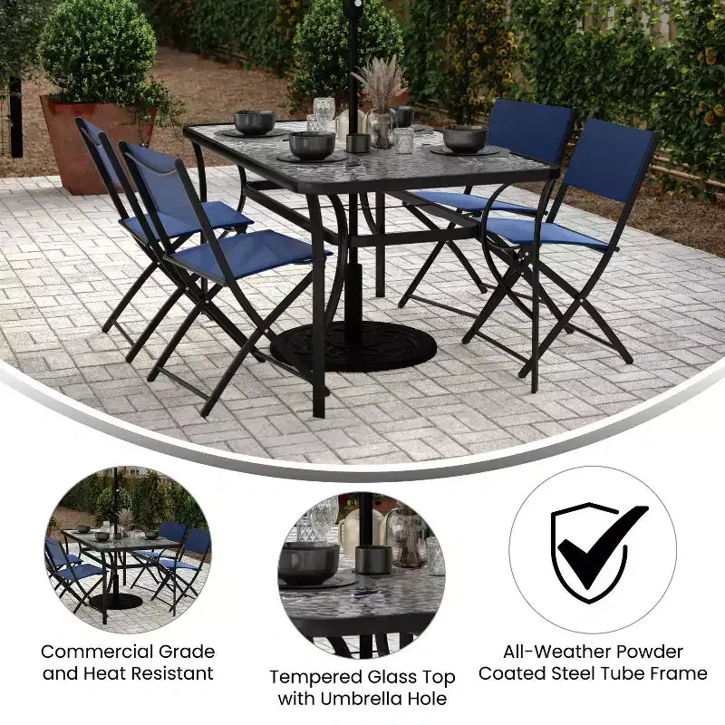 Table de patio de qualité commerciale avec dessus en verre trempé avec trou pour parasol et cadre en tube d'acier