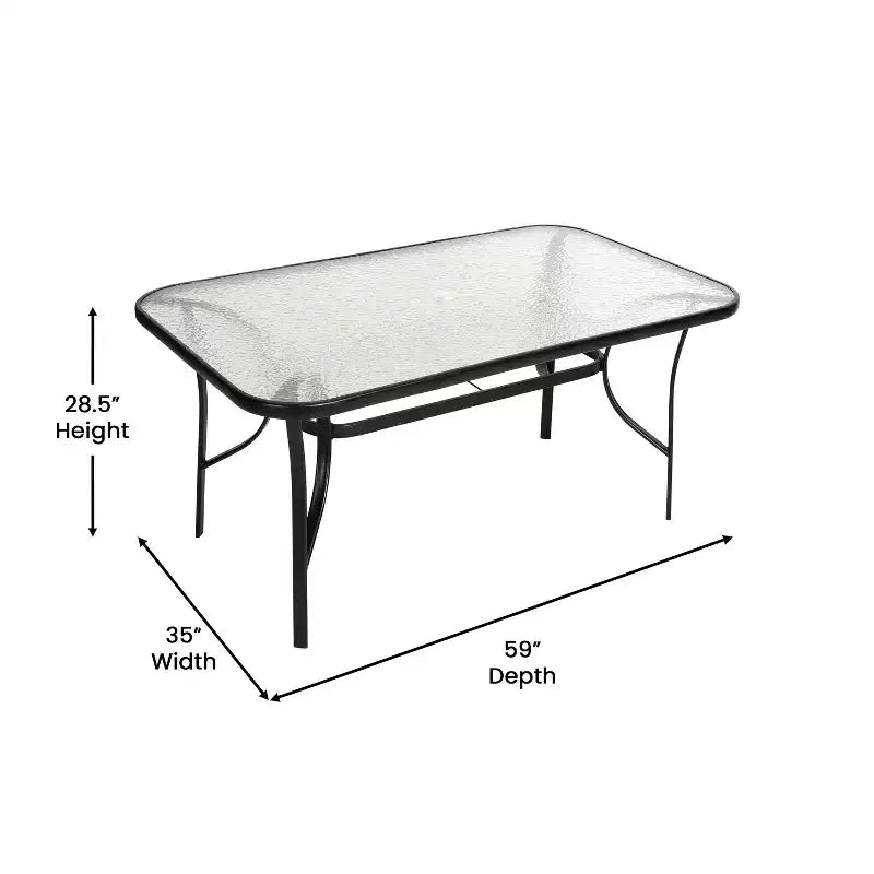 Table de patio de qualité commerciale avec dessus en verre trempé avec trou pour parasol et cadre en tube d'acier