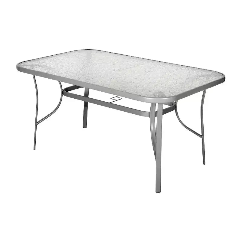 Table de patio de qualité commerciale avec dessus en verre trempé avec trou pour parasol et cadre en tube d'acier