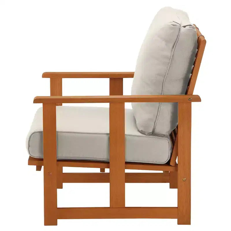 Fauteuil club en bois d'eucalyptus Grandis avec coussin, beige
