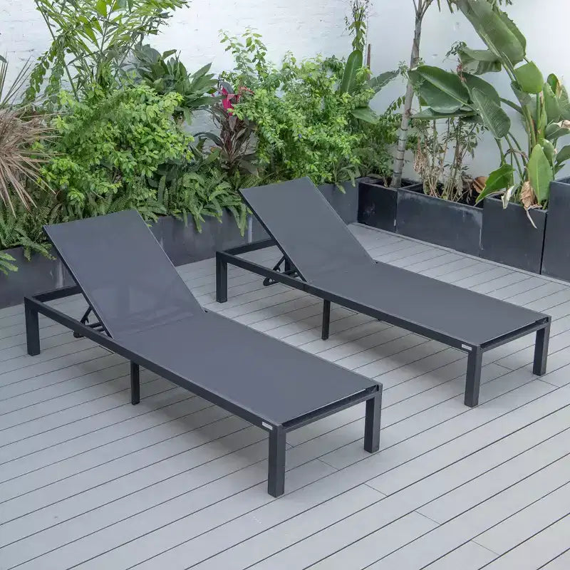 LeisureMod Marlin Patio Sling Chaise Lounge Chair Set of 2 in Black Aluminum, Adjustable and Weather-Resistant for Poolside, Garden, Deck, or Balcony